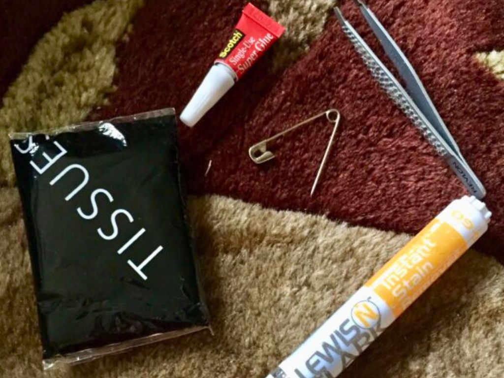 tiny things to include in packing - super glue, tweezers, safety pin, tissues, stain pen