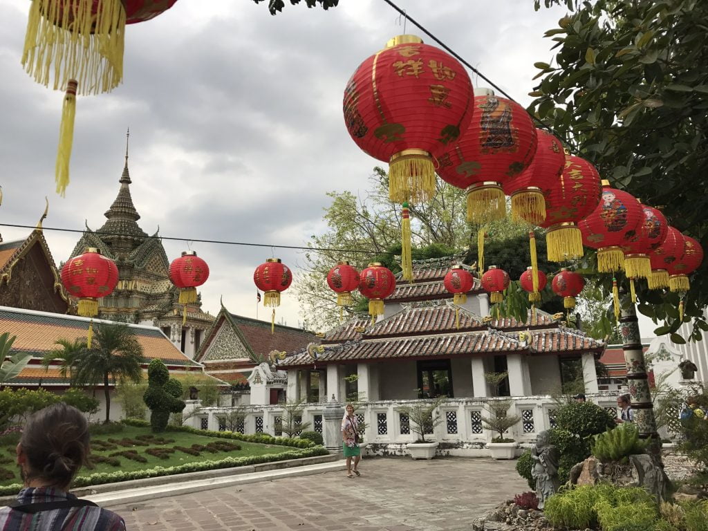 pagoda and red paper lanterns