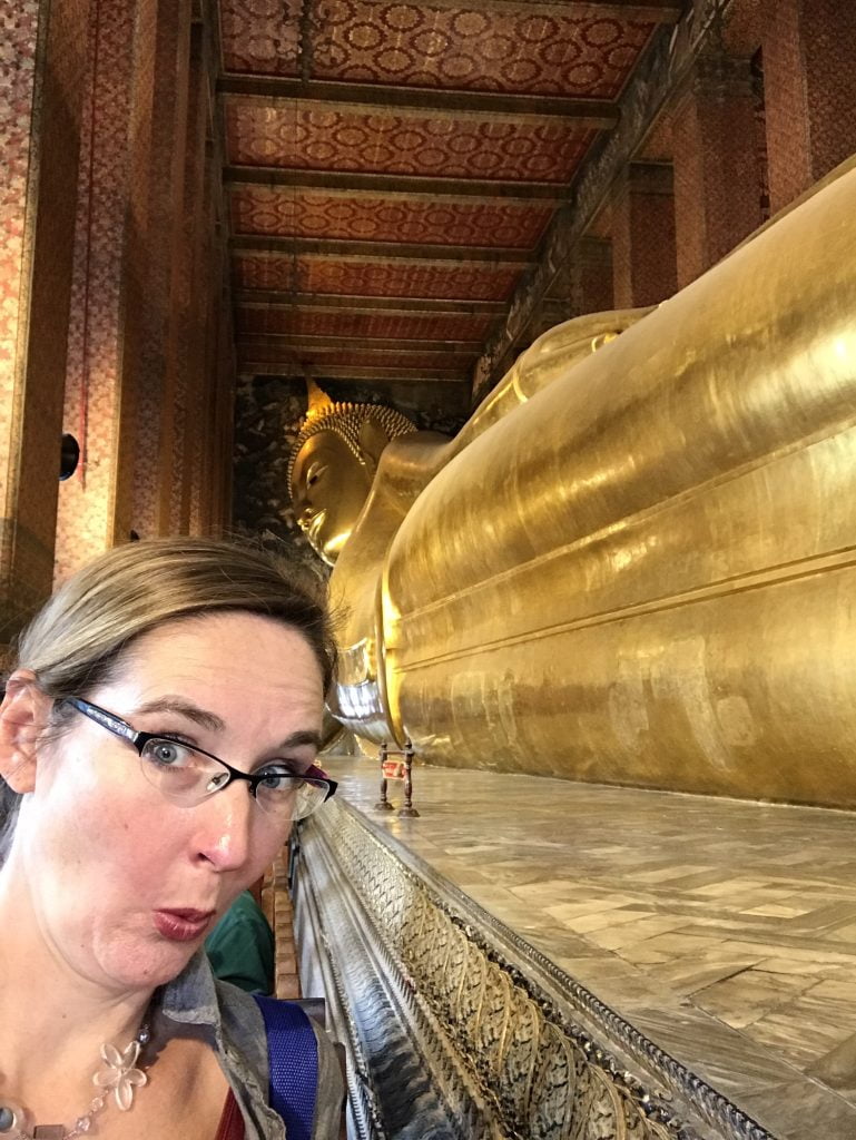 sarah and large gold buddha