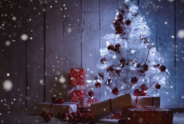 Day 11: 12 Days of Christmas white tree and red presents
