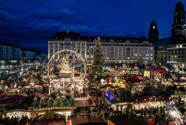 Day 5: 12 Days of Christmas view of Dresden Christmas market at night