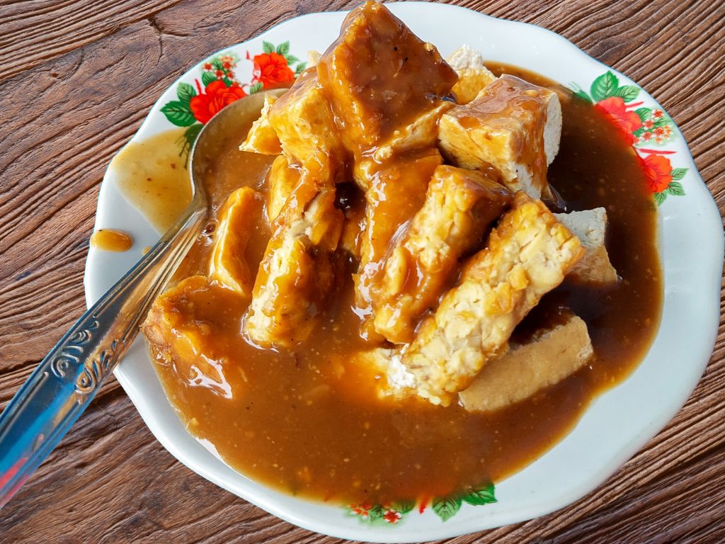 fried tofu and tempeh pieces in peanut sauce