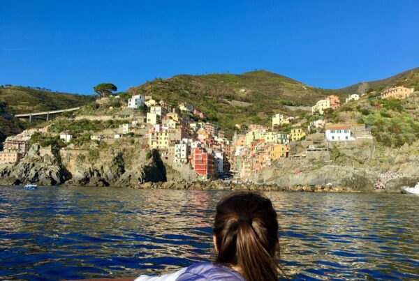 view of riomaggiore on the cinque terre trip from a boat