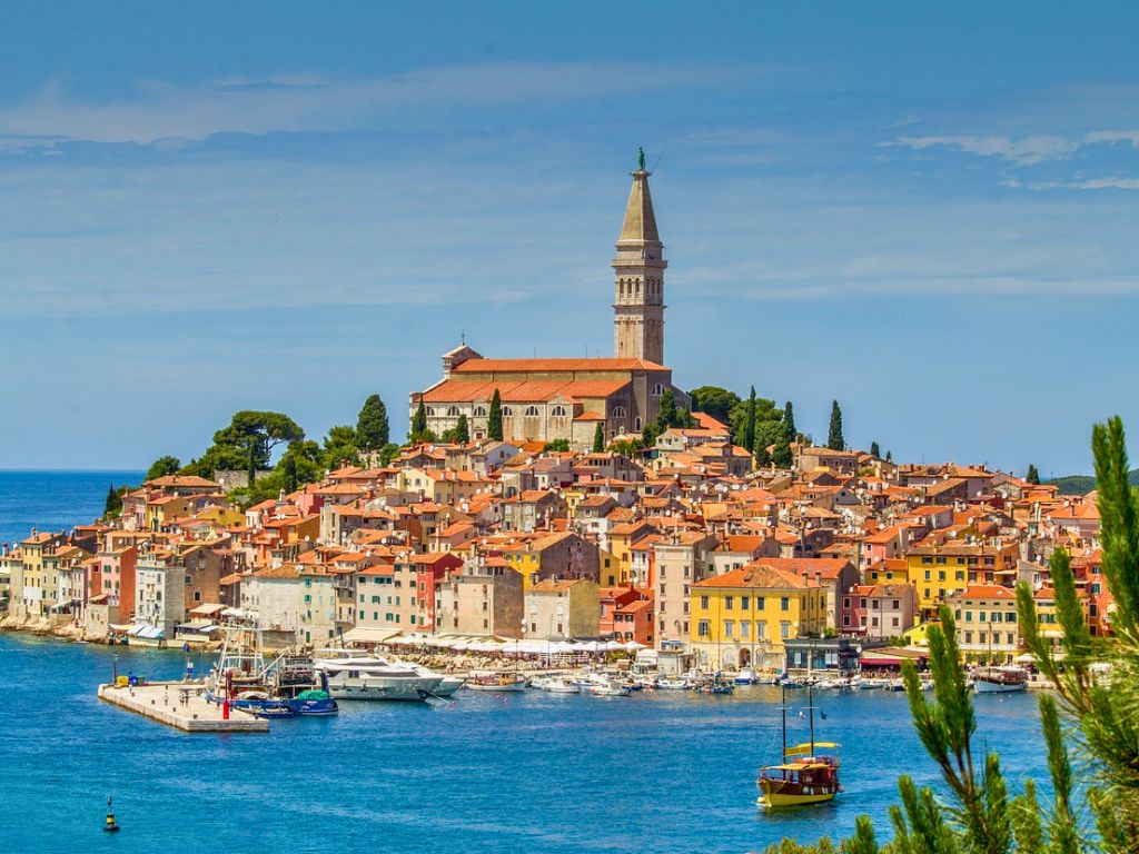 view of rovinj old town from water