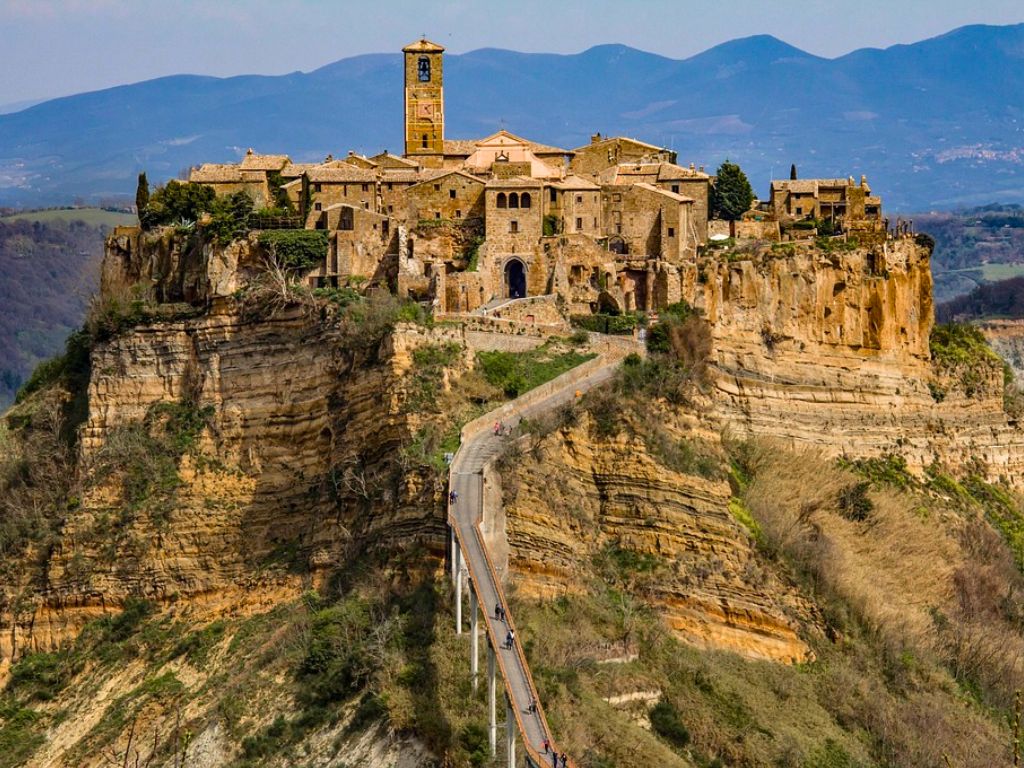 view of Civita di Bagnoregio and footbridge connection