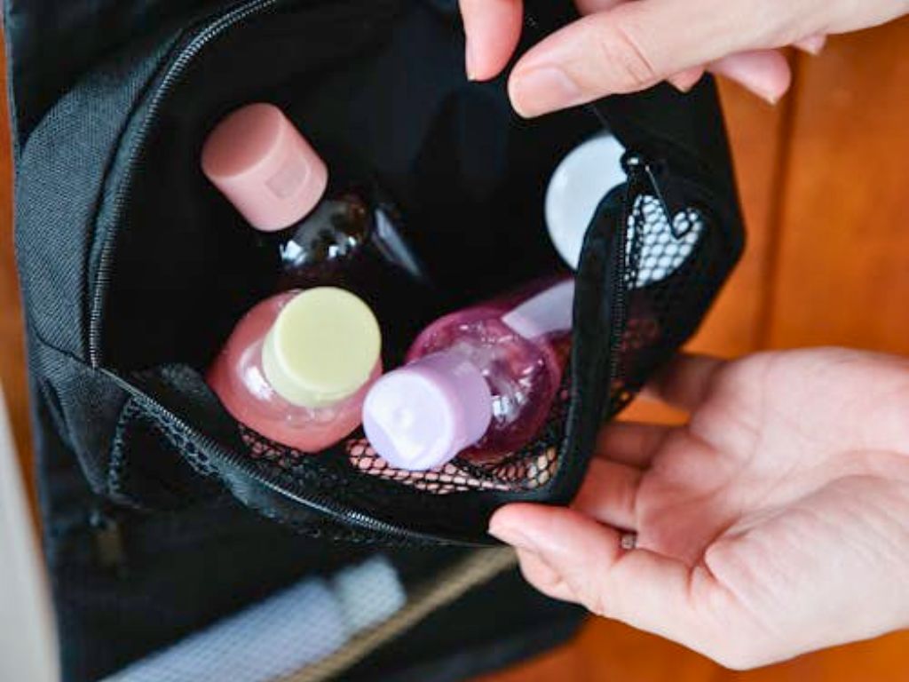 mini bottles in a travel toiletry kit