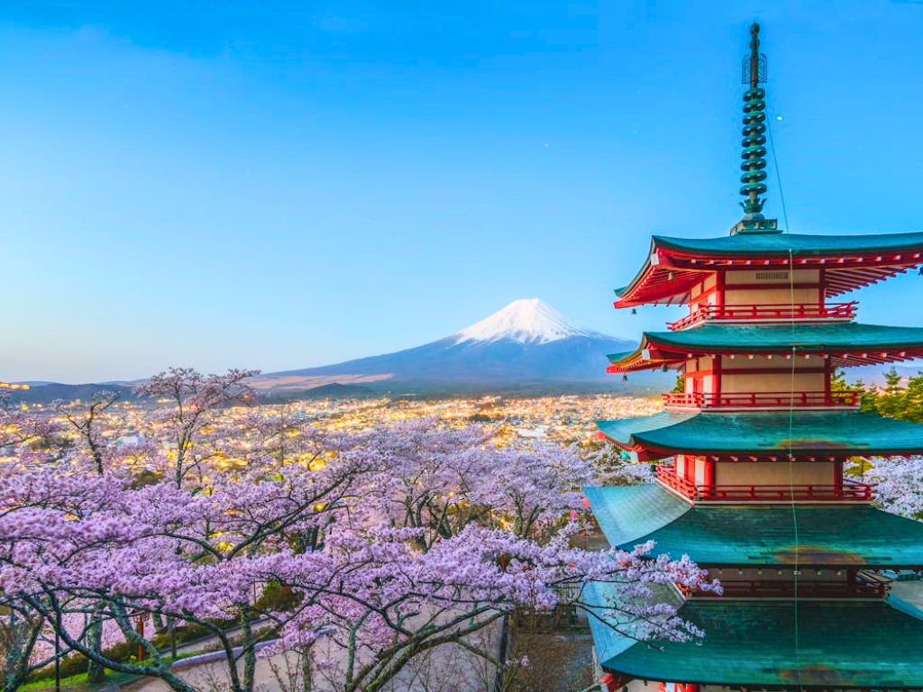 best time to visit japan cherry blossom and pagoda with mount fuji in background